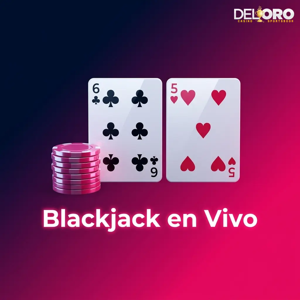 Mesa de blackjack en vivo con crupier profesional, cartas y fichas en casino online Del Oro