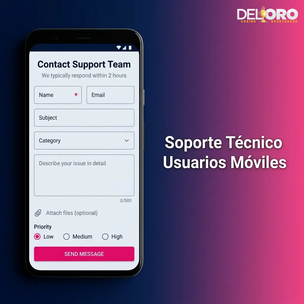 Soporte técnico móvil Del Oro con chat en vivo 24/7, correo electrónico y sección de ayuda FAQ en la app