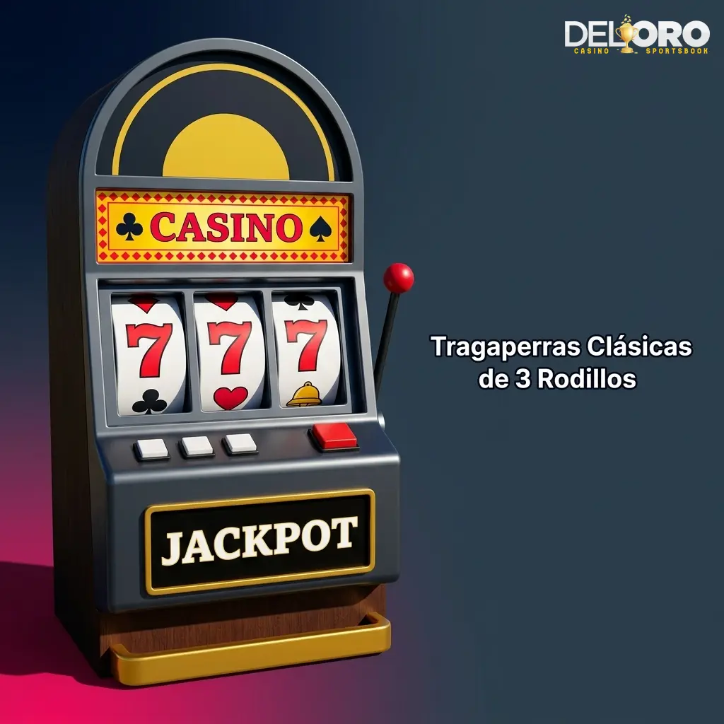 Tragaperras clásicas de 3 rodillos con símbolos de frutas, barras y sietes en estilo retro de casino